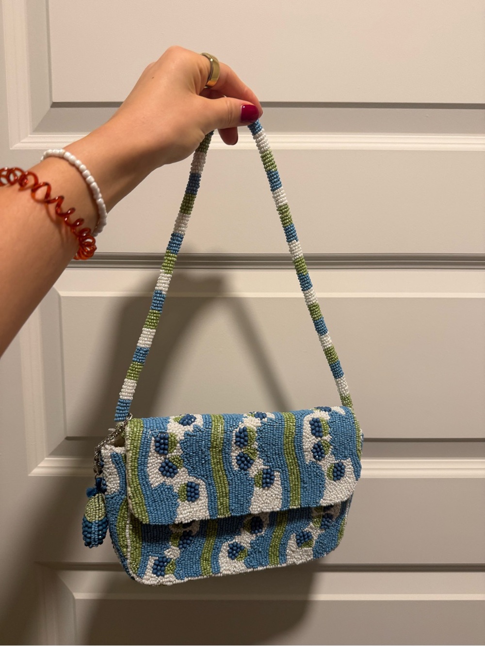 Beaded Blue & Green Floral Shoulder Bag